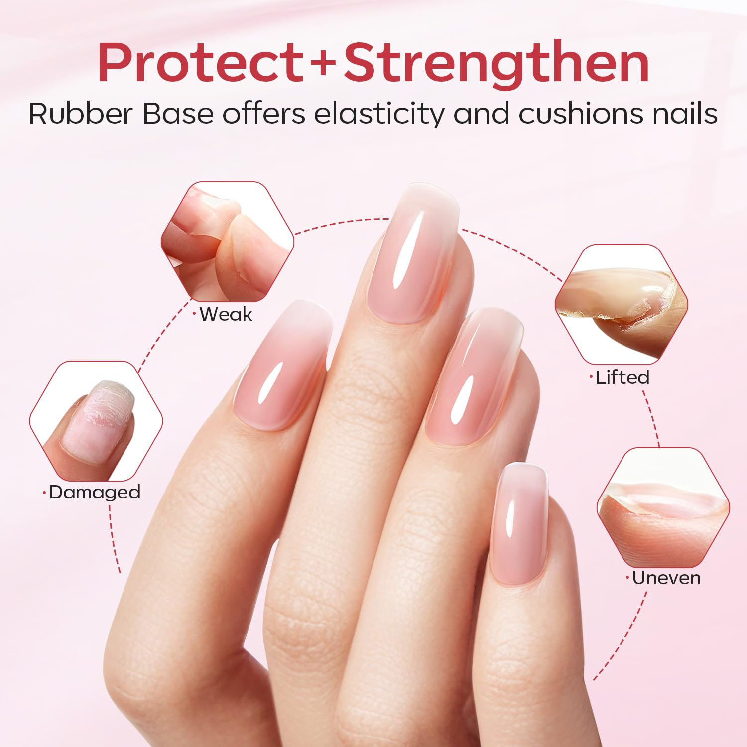 Modelones six-color rubber base gel set swatches for nude, pink, and brown shades