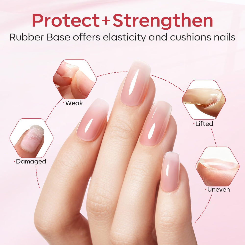 Modelones six-color rubber base gel set swatches for nude, pink, and brown shades
