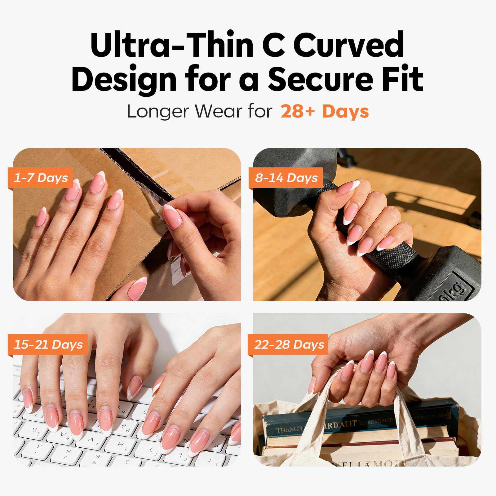 Modelones almond tips set speeds up three-minute extensions at home.