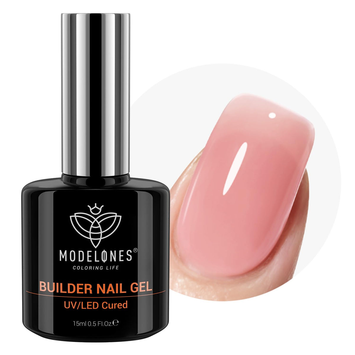 Modelones Builder Nail Gel 8-in-One bottle: peachy jelly pink base for versatile color and structure.