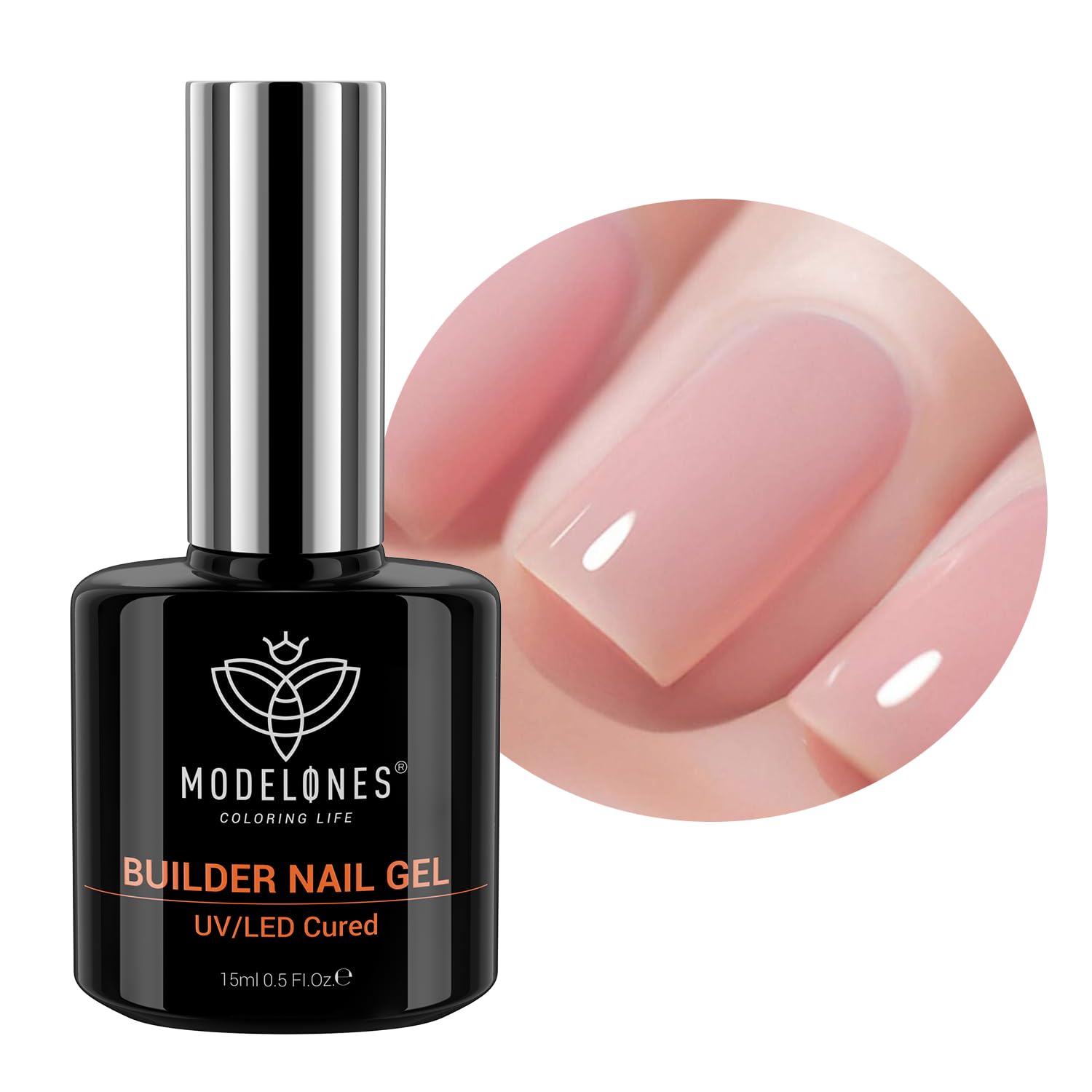 Modelones Builder Nail Gel bottle closeup showing rich color for even coverage.