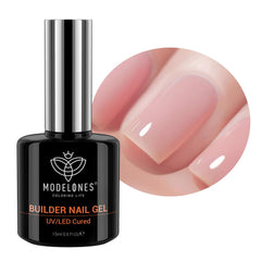 Modelones Builder Nail Gel bottle closeup showing rich color for even coverage.