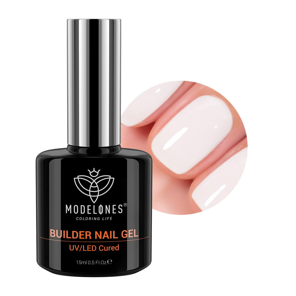 Modelones Builder Nail Gel milky white bottle shown for smooth all-in-one application
