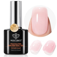 Modelones Builder Nail Gel shows a no-wipe glossy nude finish for quick at-home manicures.