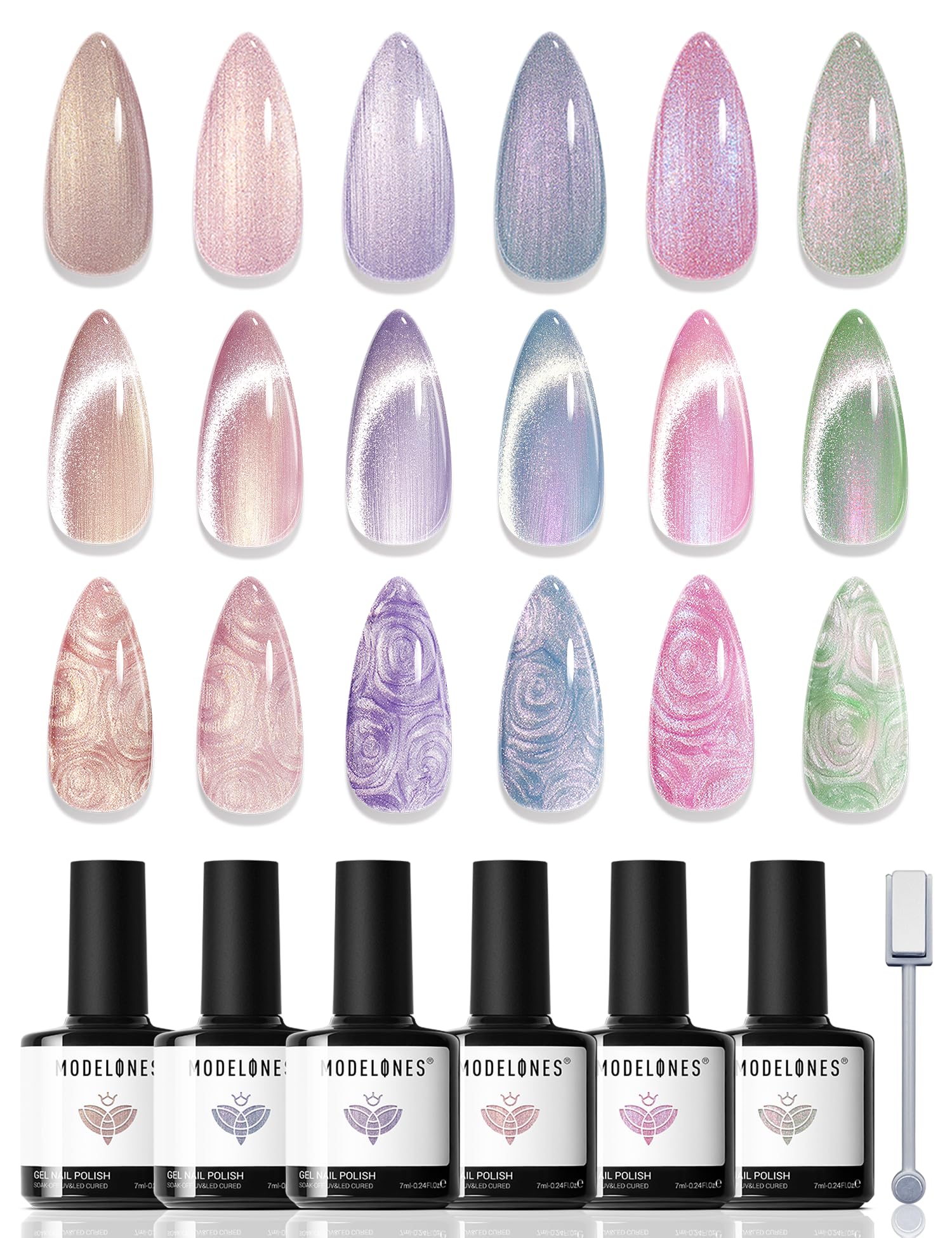 Modelones cat eye gel polish bottle close-up shows rich color and long-lasting shine.