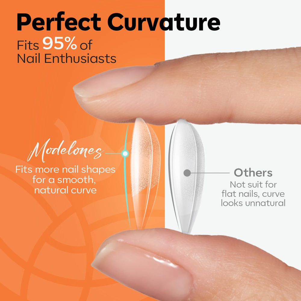 Modelones closeup half-matte nail tips show improved grip during application.