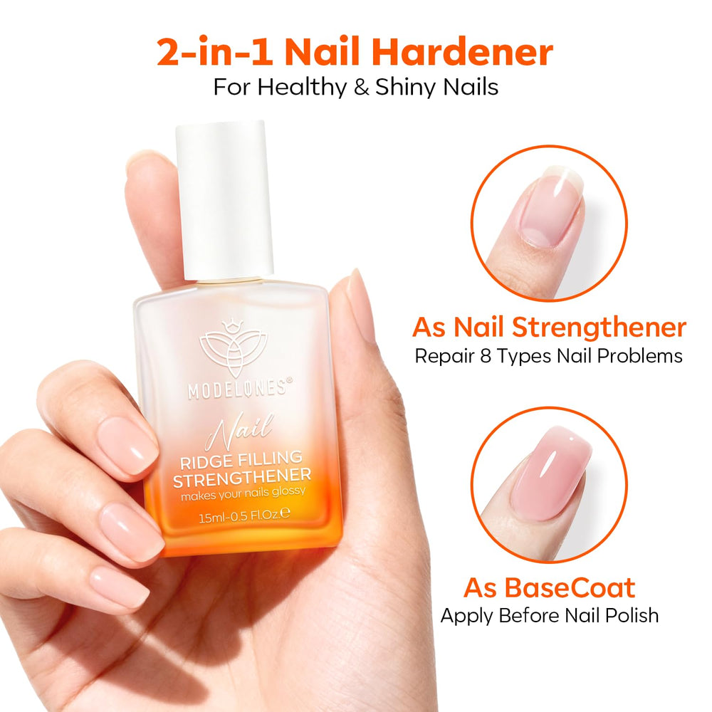 Modelones-damaged-nails-repair hides yellowing and rough texture for a healthier look.
