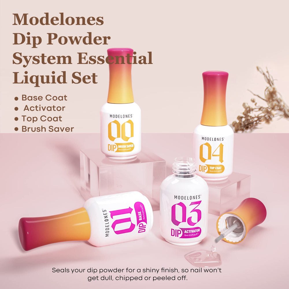 Modelones dip powder liquid set top coat for a glossy, long-lasting finish.
