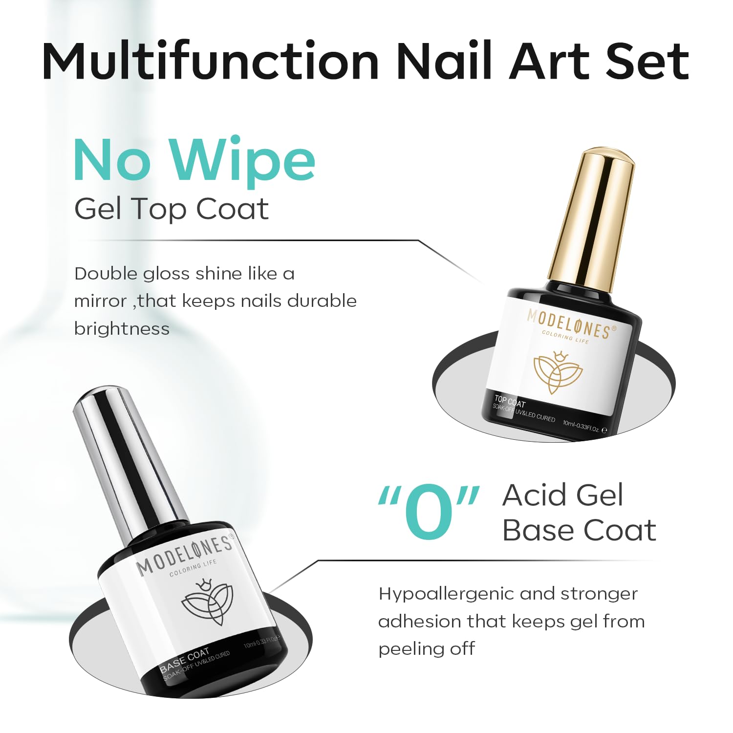 Modelones Gel Base Coat 10ml creates a smooth foundation for color.