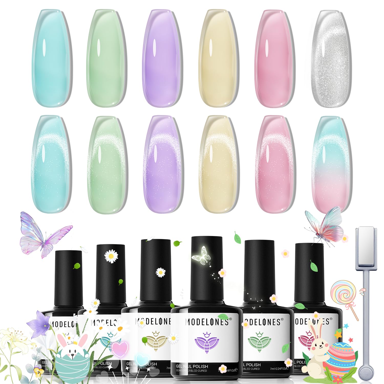 Modelones gel nail polish set with six pastel jelly colors for versatile at-home manicures.