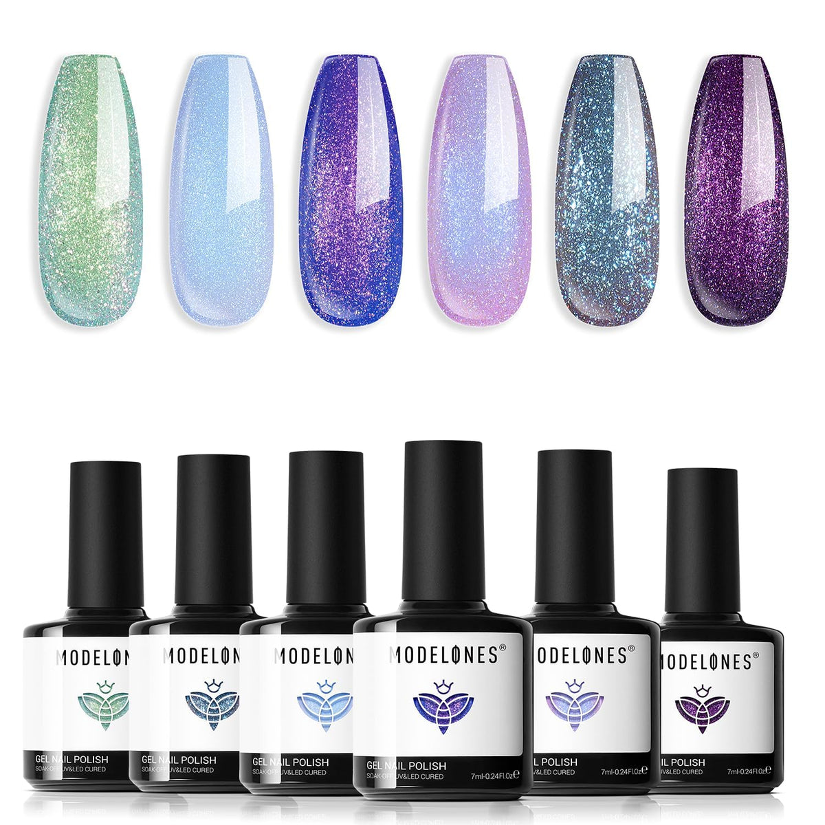 Modelones gel nail polish bottles show Aurora chameleon color shift and shine.