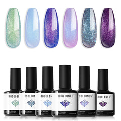 Modelones gel nail polish bottles show Aurora chameleon color shift and shine.