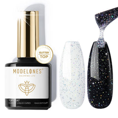 Modelones Glitter Gel Top Coat bottle close-up showing iridescent sparkle for a glossy manicure