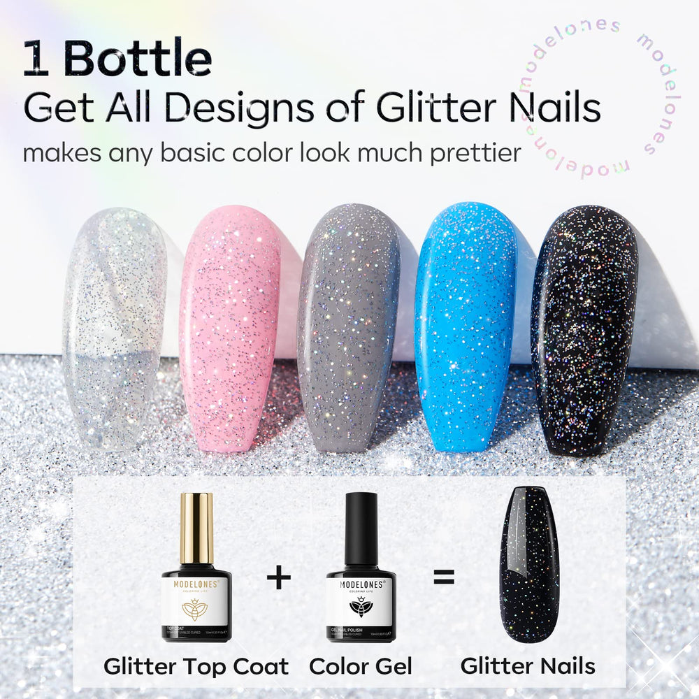Modelones glitter top coat delivers long-lasting, non-yellowing shine for a smooth finish