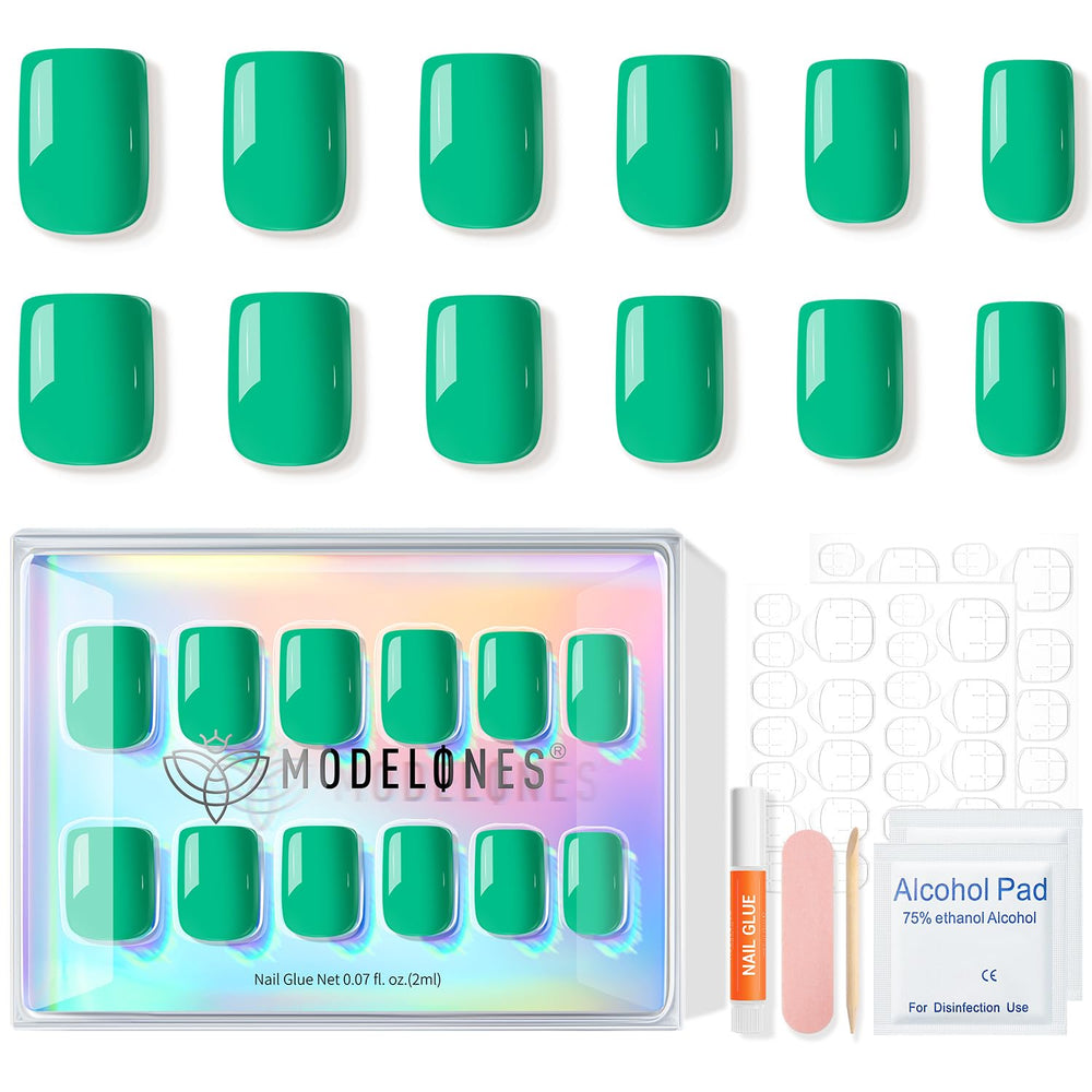 Modelones green press-on nails on hand show natural fit and ready-to-wear look.