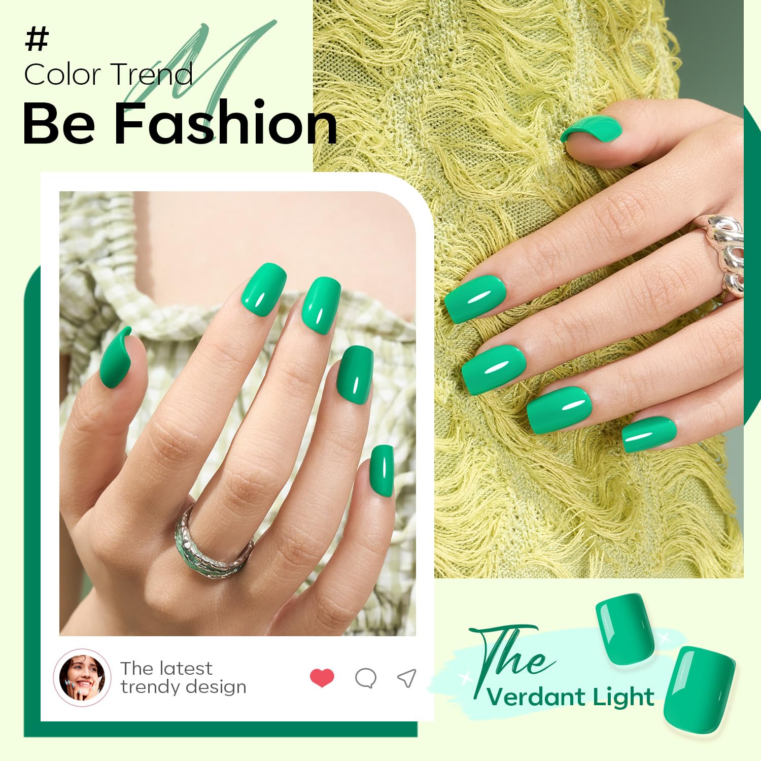Modelones Green Press On Nails swatch display shows versatile shapes for any look.