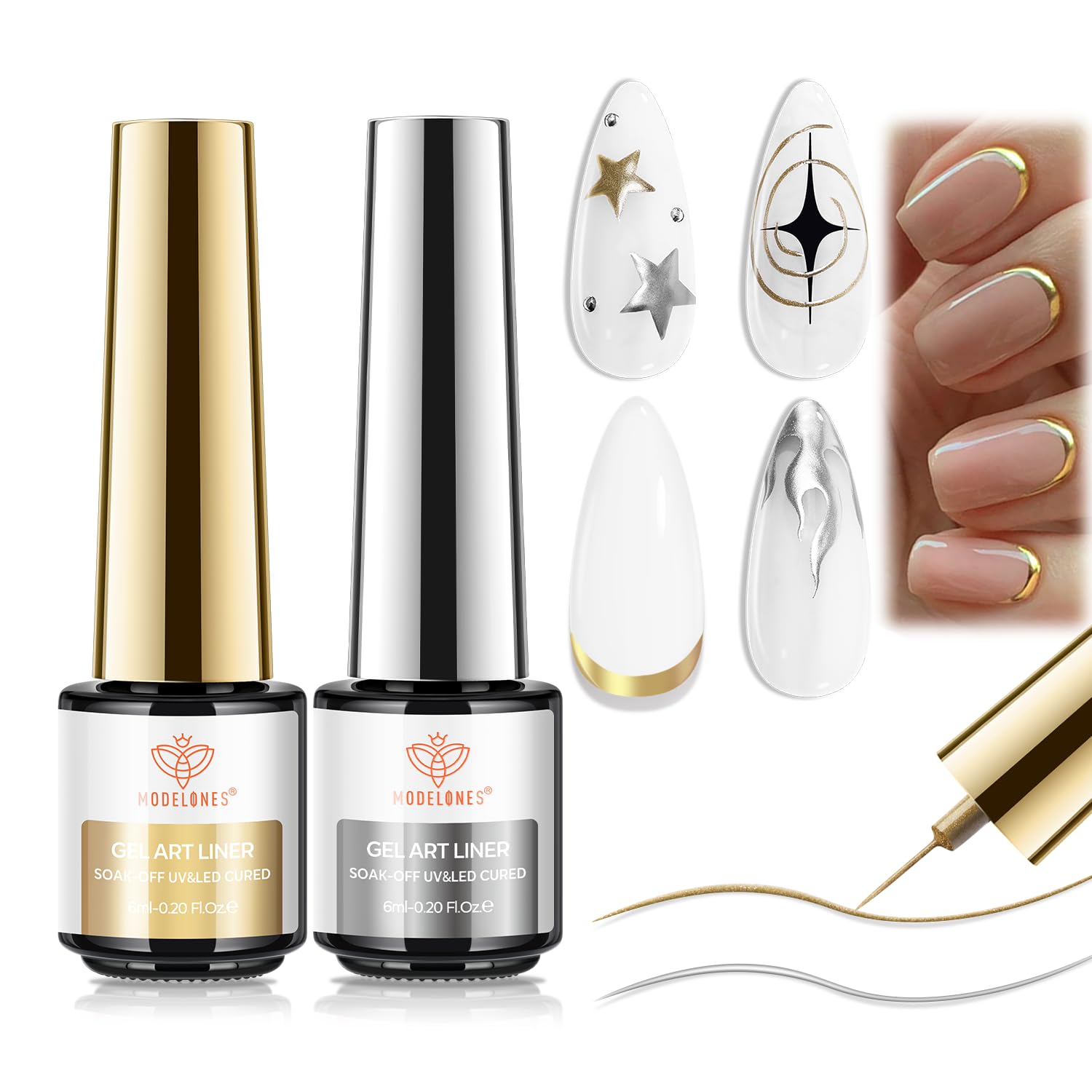 Modelones Metallic Gold Silver Gel Liner 2pcs with chrome finish for elegant nail art.