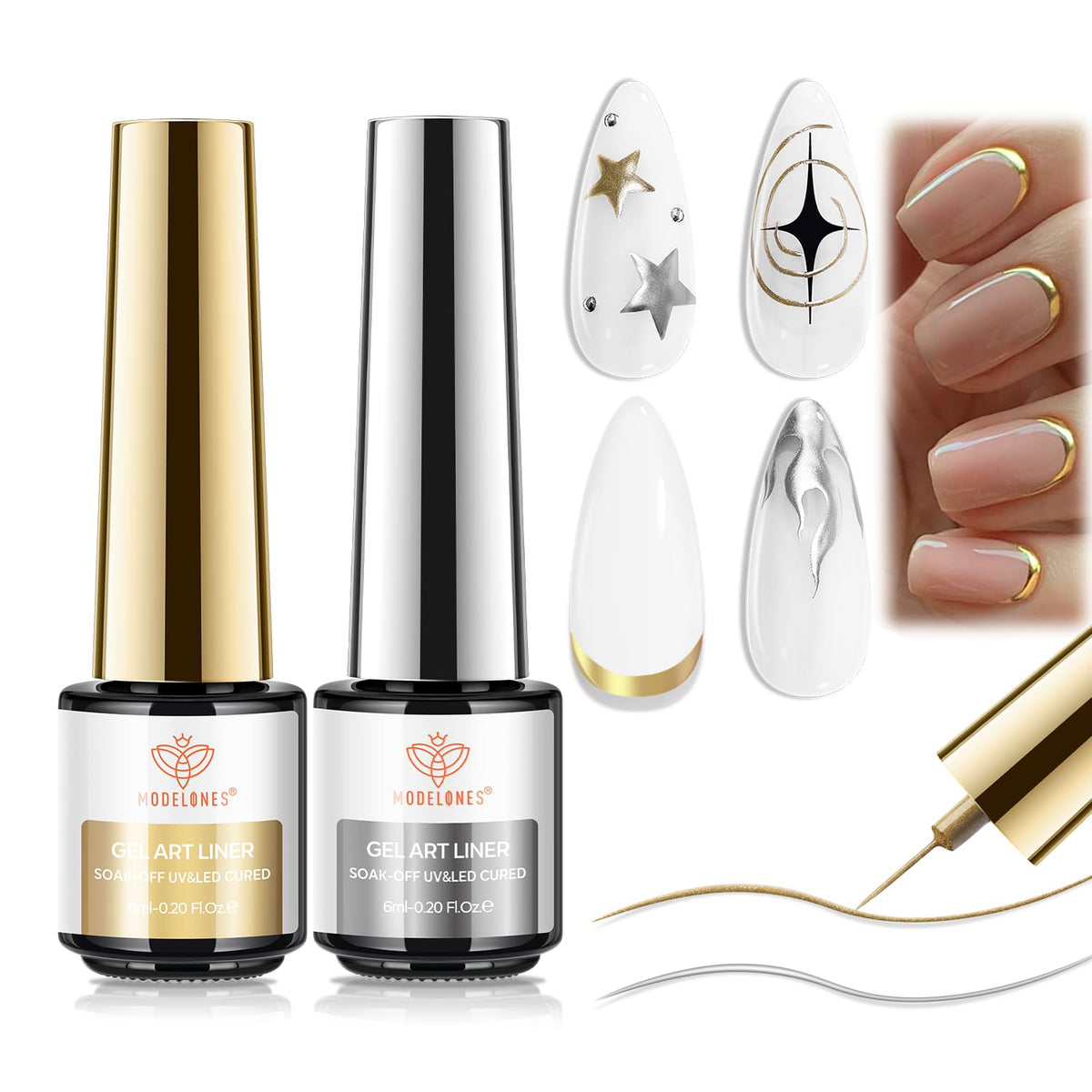 Modelones Metallic Gold Silver Gel Liner 2pcs with chrome finish for elegant nail art.