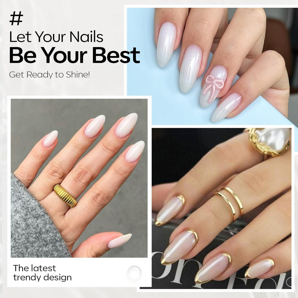 Nail swatch shows translucent jelly white gel after cure