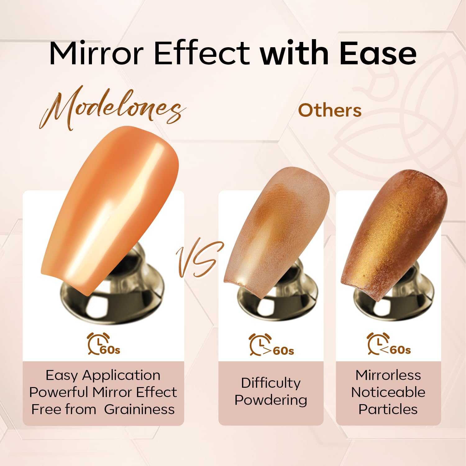 Modelones mirror-gloss finish on nails delivers a glassy, long-wear look