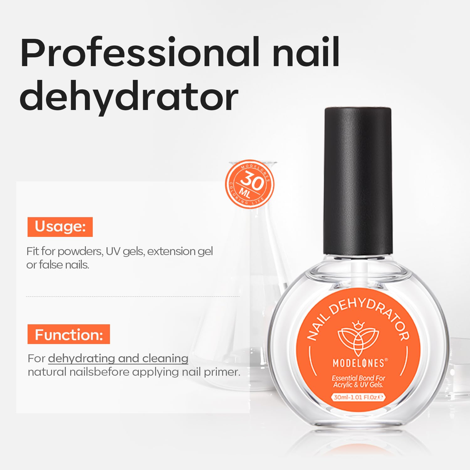 modelones Nail Dehydrator label close-up highlights acid-free prep formula.