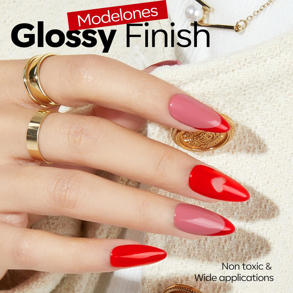 Close-up of Modelones red gel polish with a glossy shine.