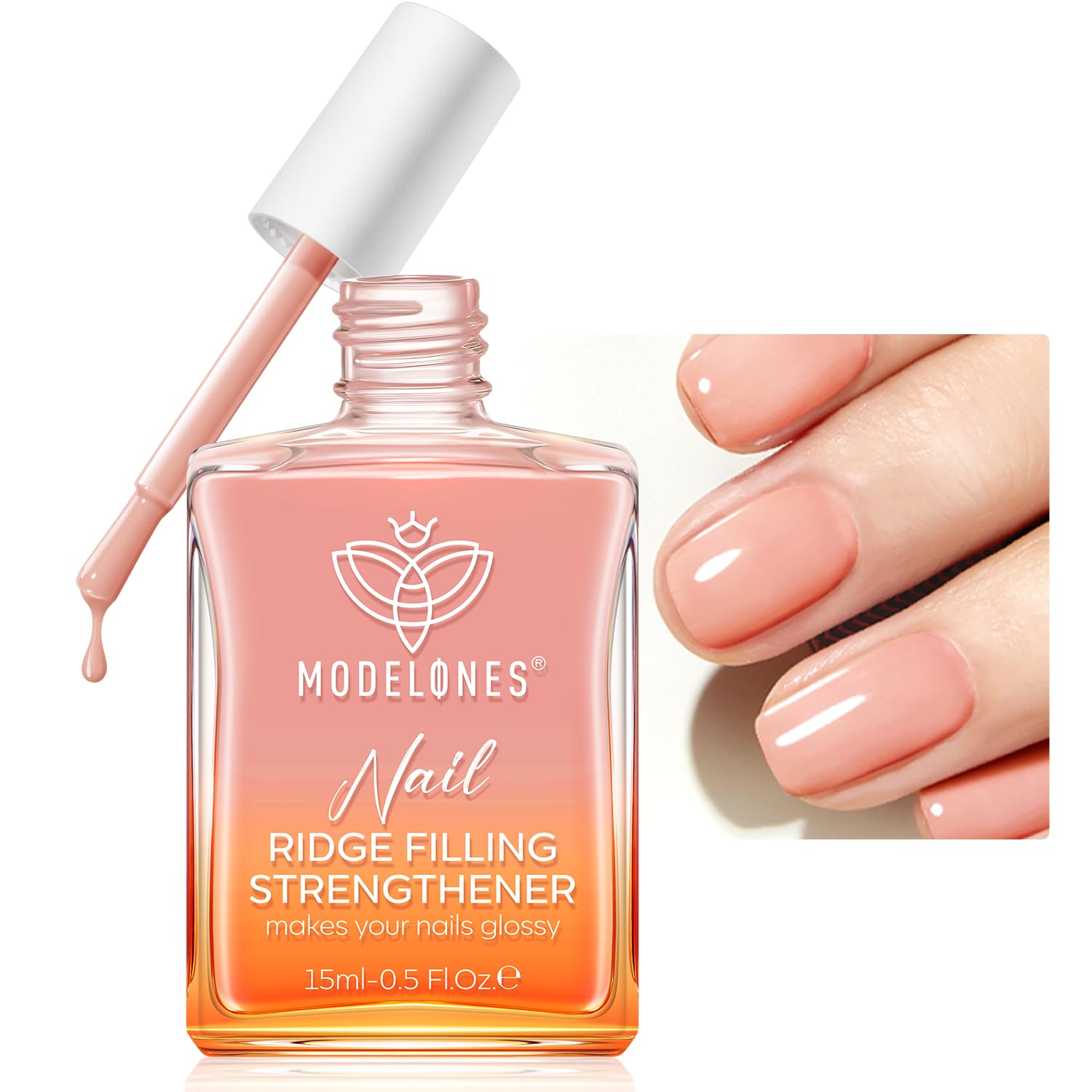 Modelones nail strengthener bottle close-up showing premium finish for healthier nails.