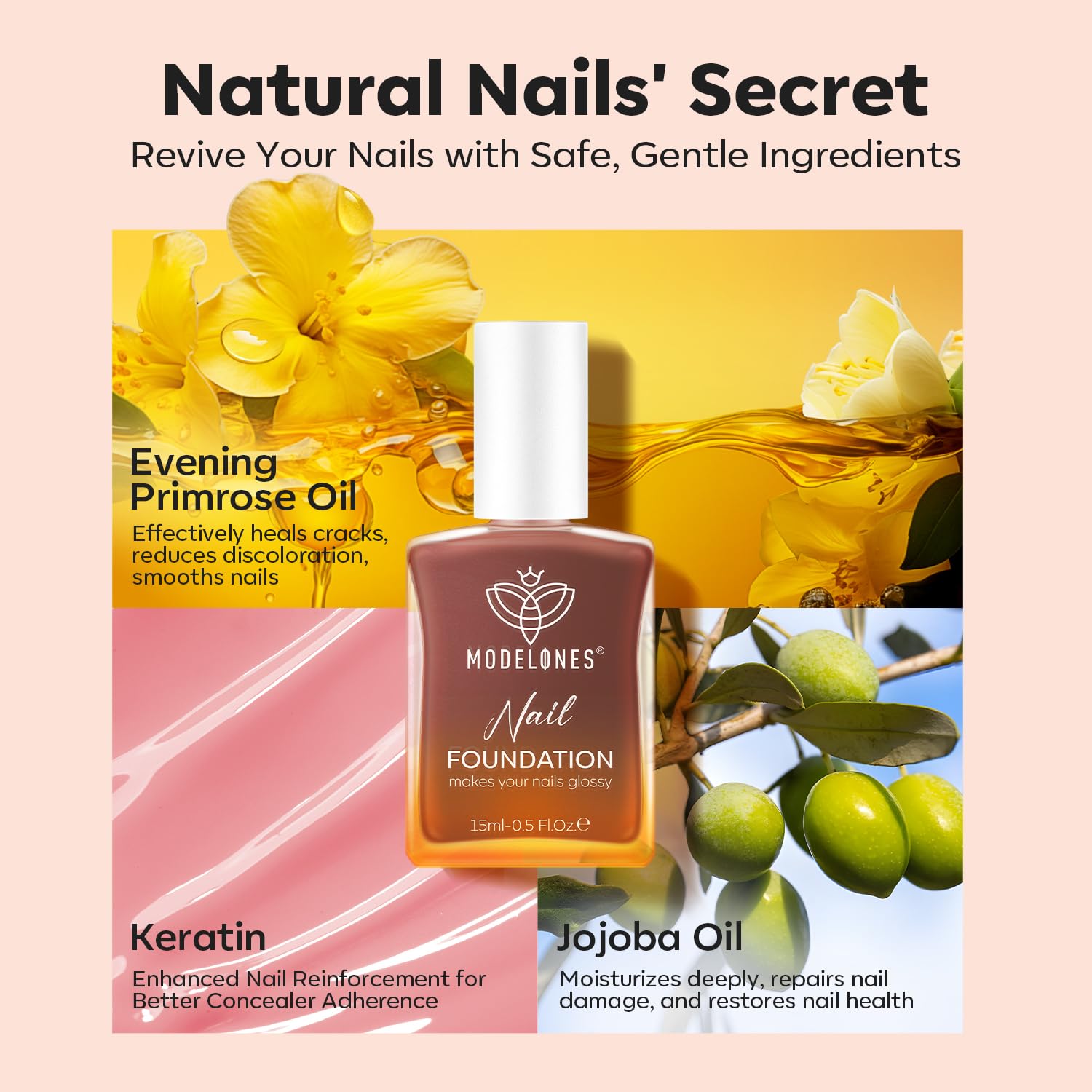 Modelones formula highlights Evening Primrose Oil, Keratin, and Jojoba Oil ingredients.