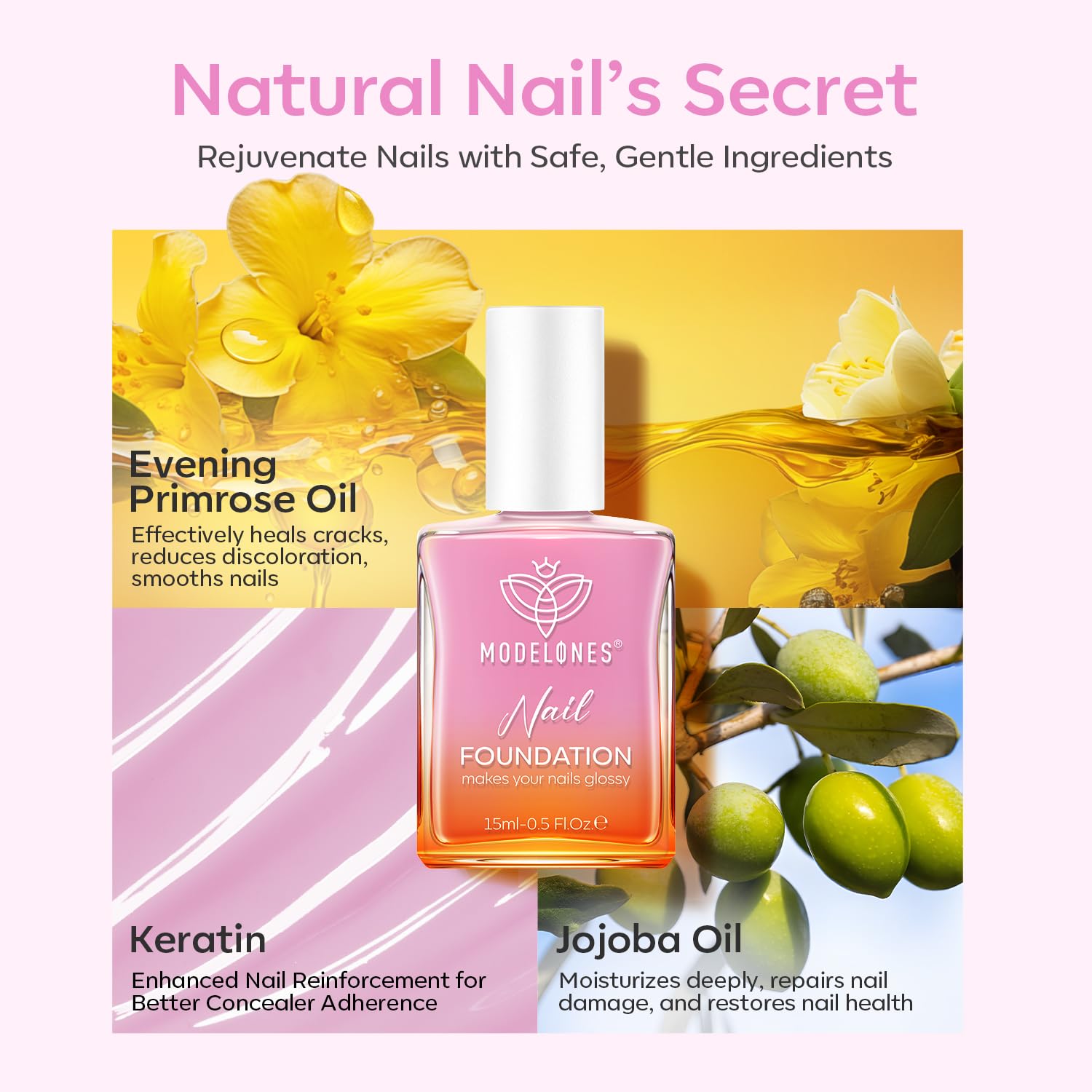 Modelones Nail Strengthener Jelly ingredients icons highlight keratin and nourishing oils