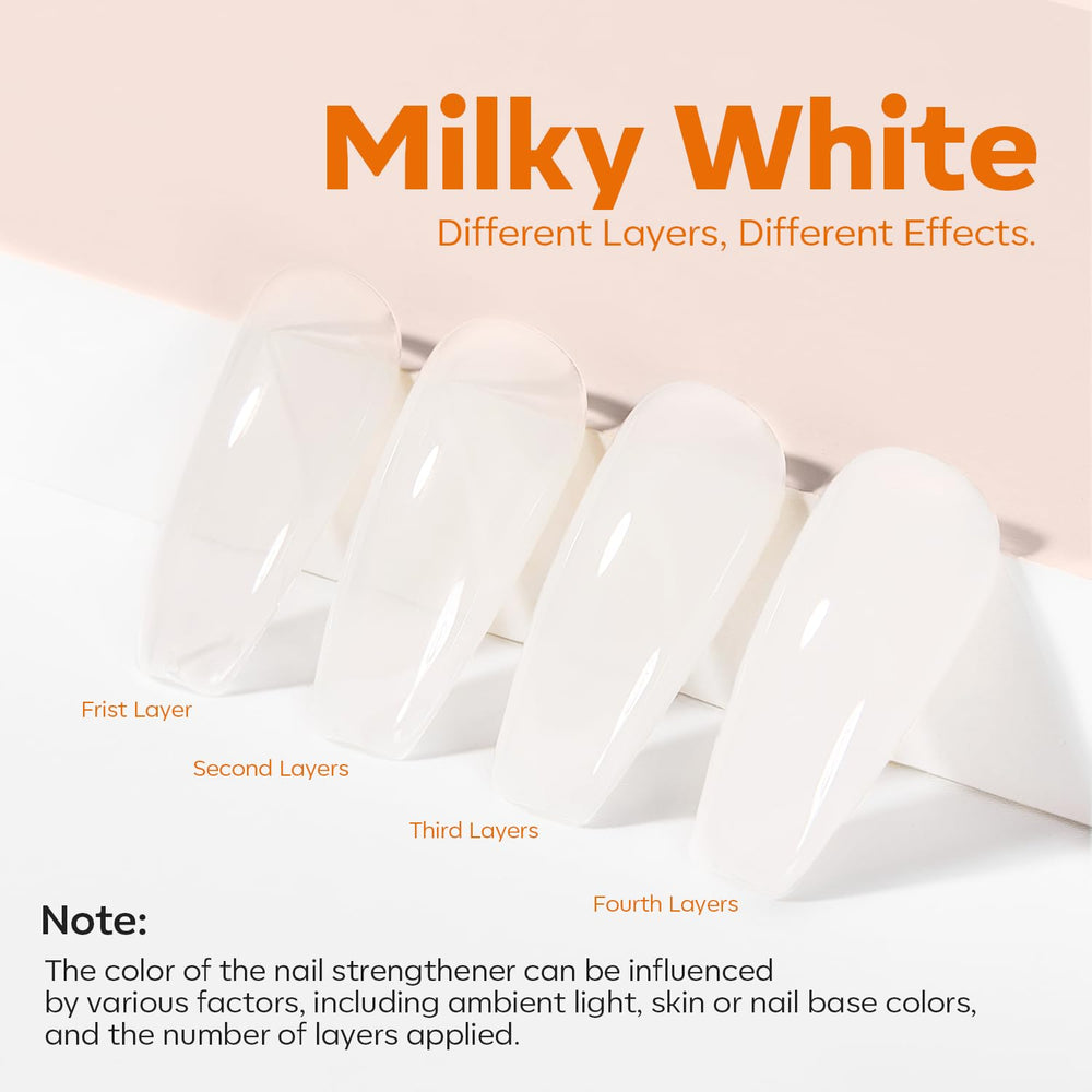 Close-up of Modelones Milky White ridge filler smoothing nail ridges.