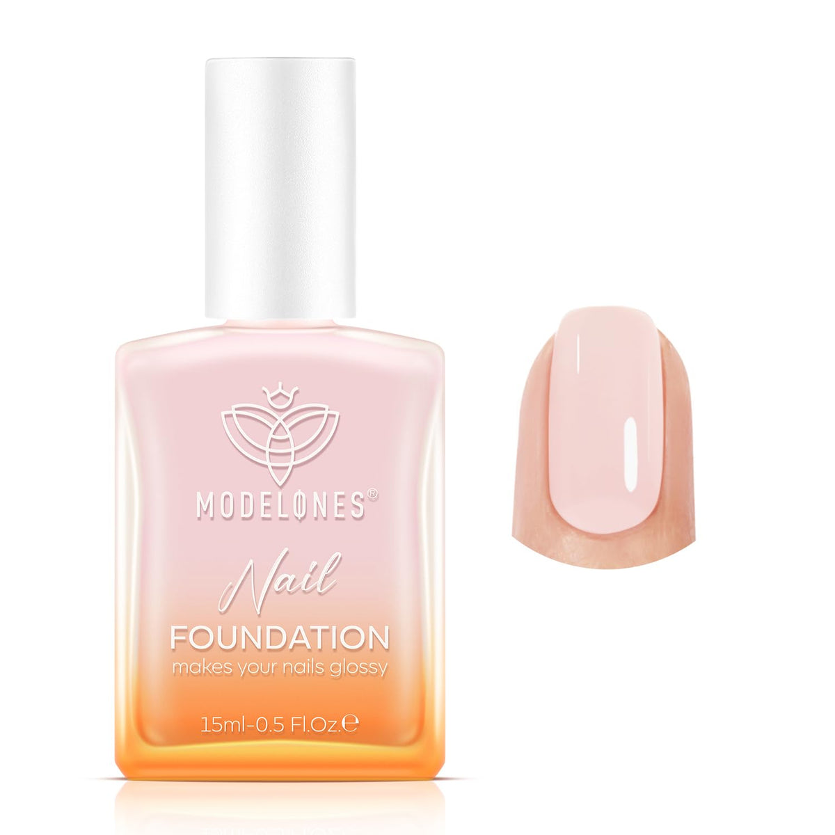 Modelones nail strengthener bottle with pale pink-white finish for healthier-looking nails