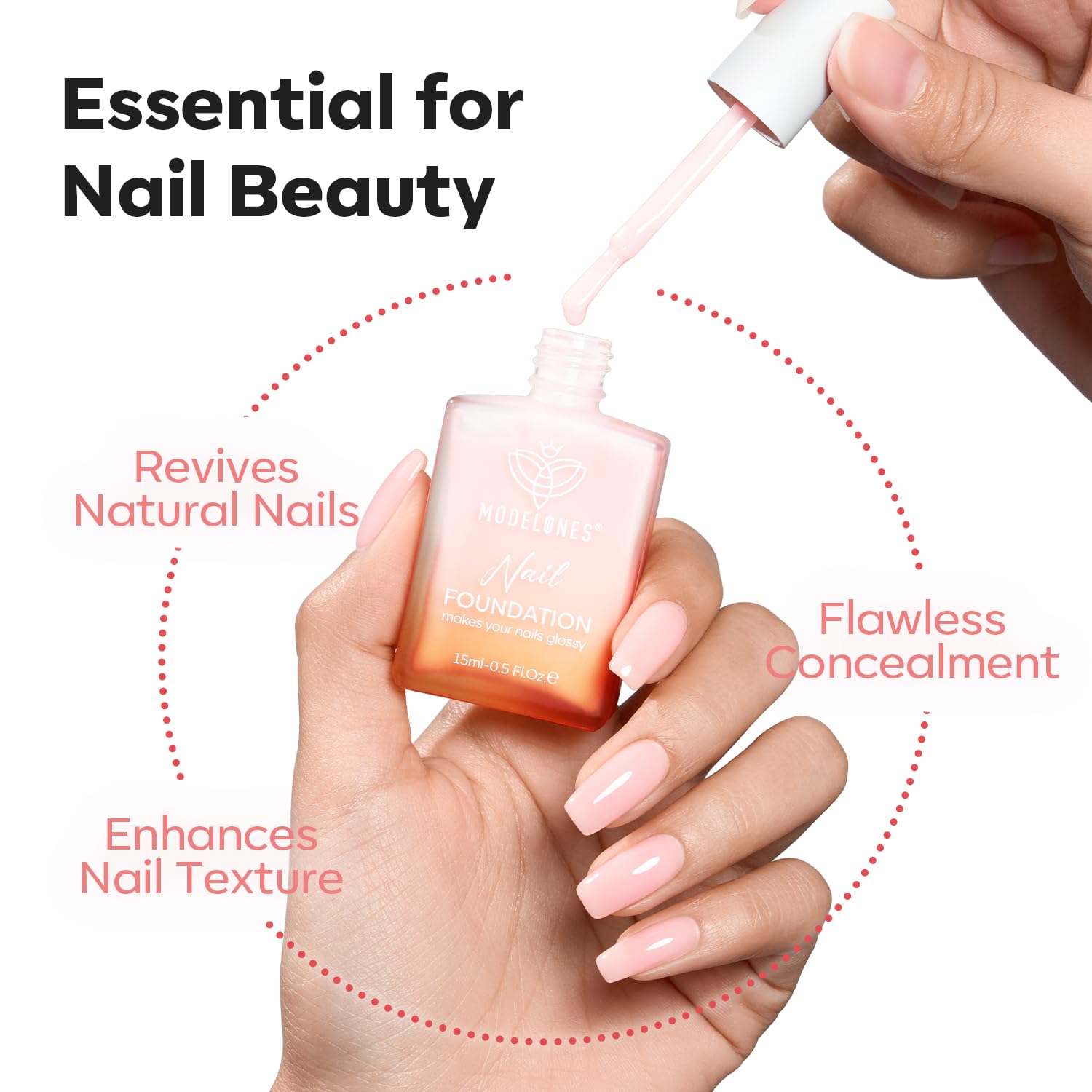 Detailed nail shot showing even shine from Modelones pink-white strengthener