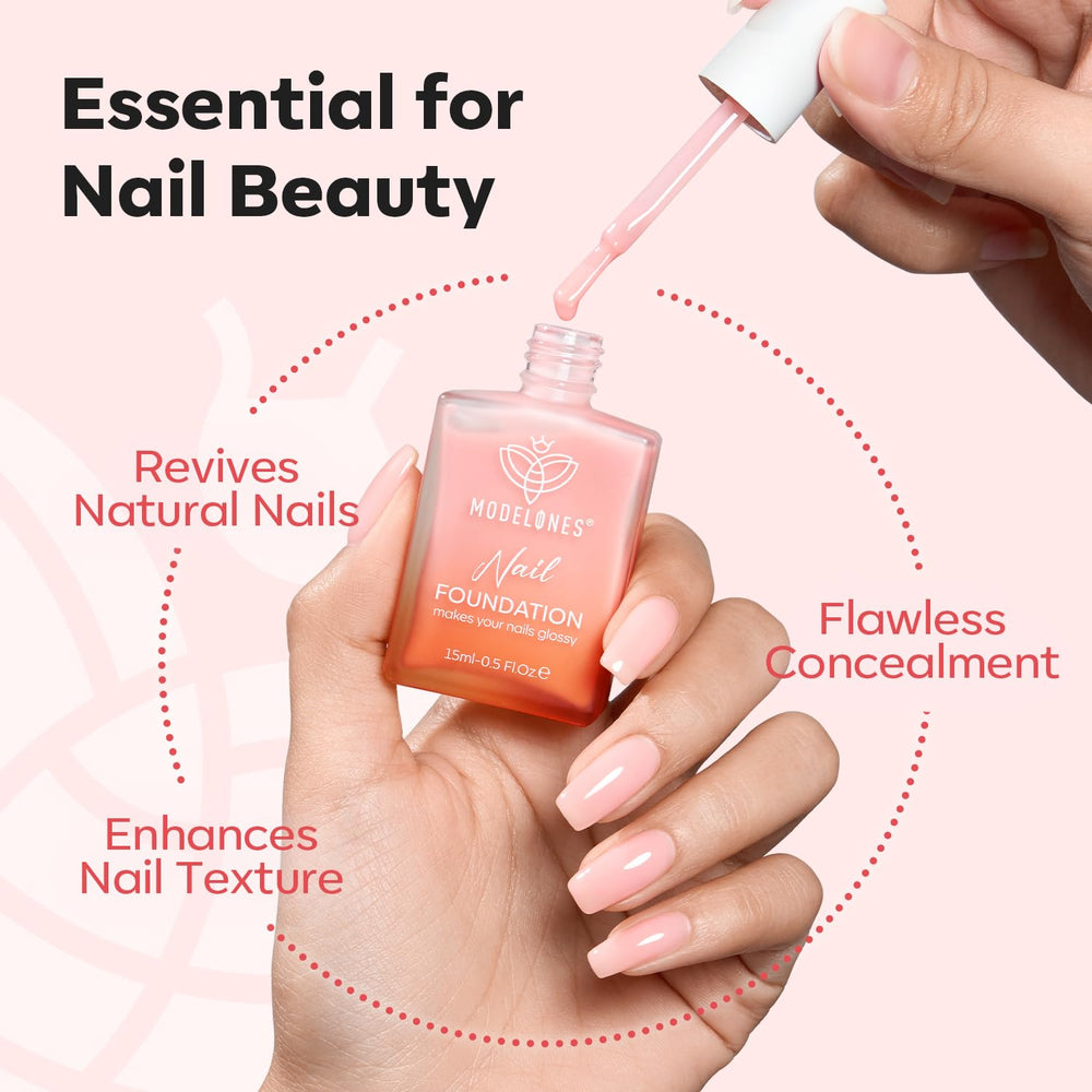 Modelones Peachy Pink bottle highlights 5-free, nourishing formula.