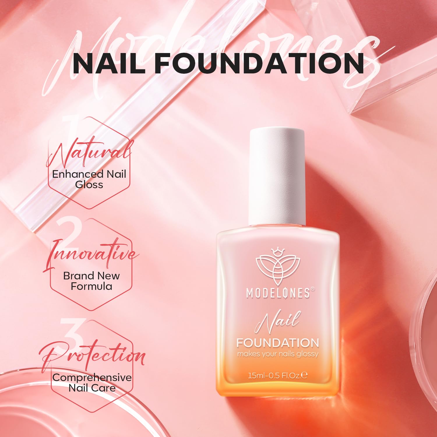 Modelones nail care gift set display with peachy pink shade.