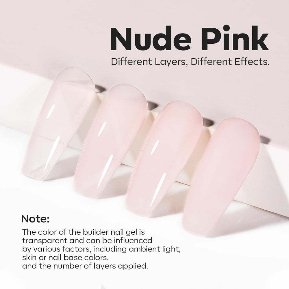 Nails show natural length and shine with Modelones builder gel.