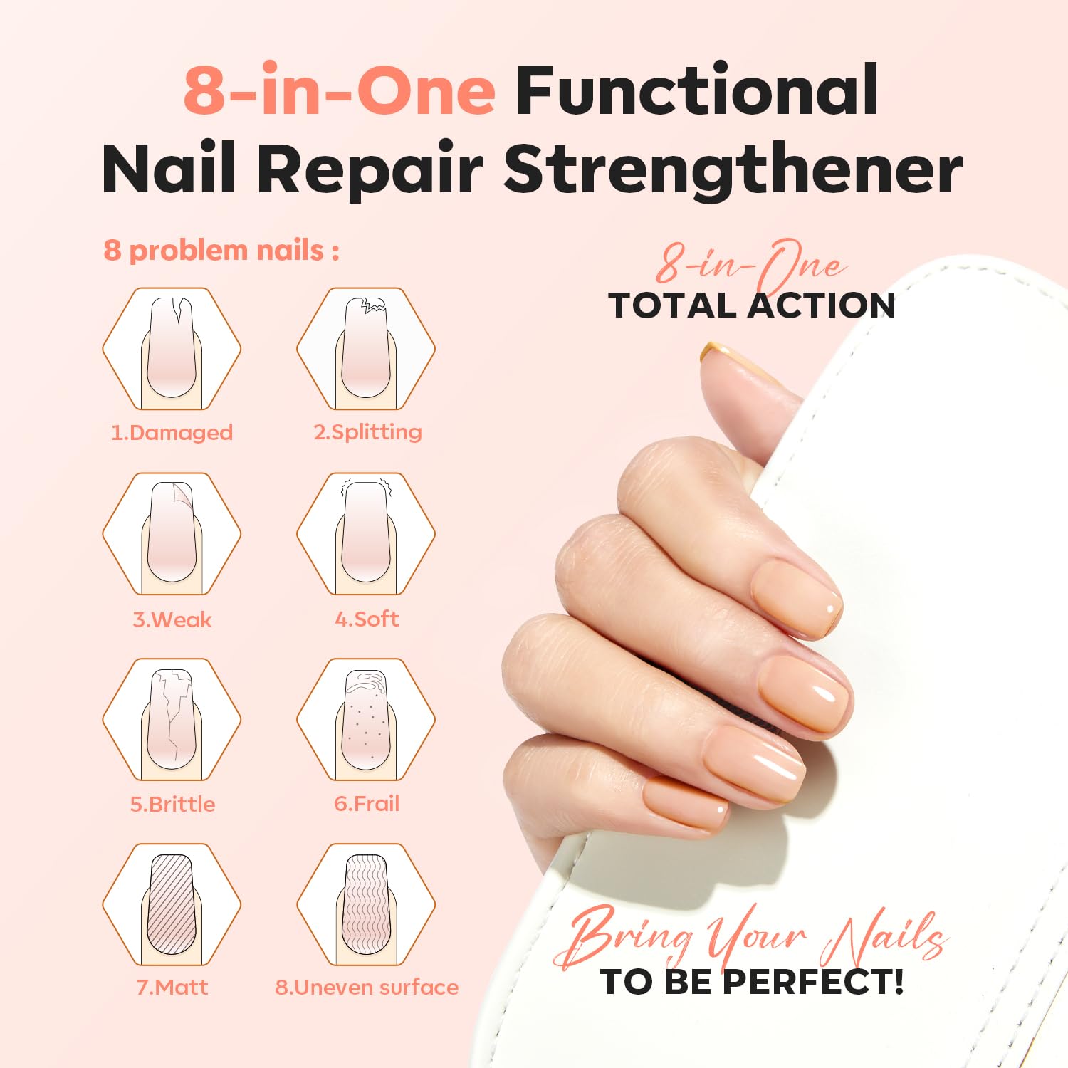 Modelones nude strengthener applied on nails for a natural, even look.
