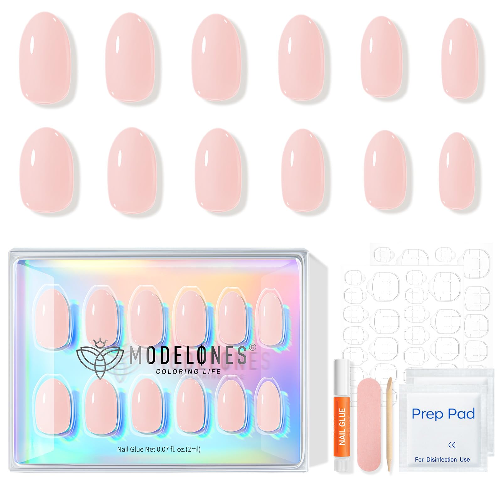 Nude pink nails packaging box and contents by Modelones