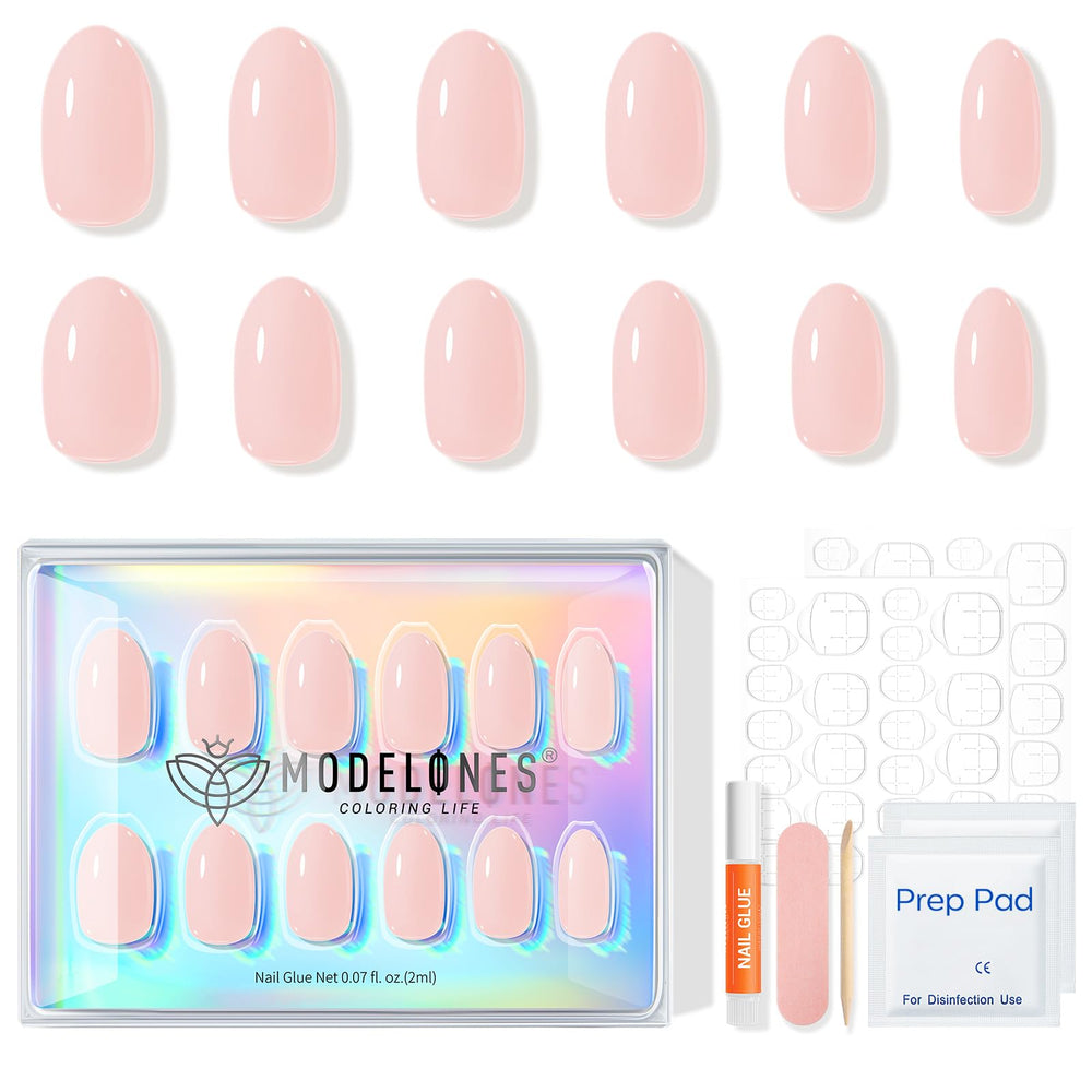 Nude pink nails packaging box and contents by Modelones