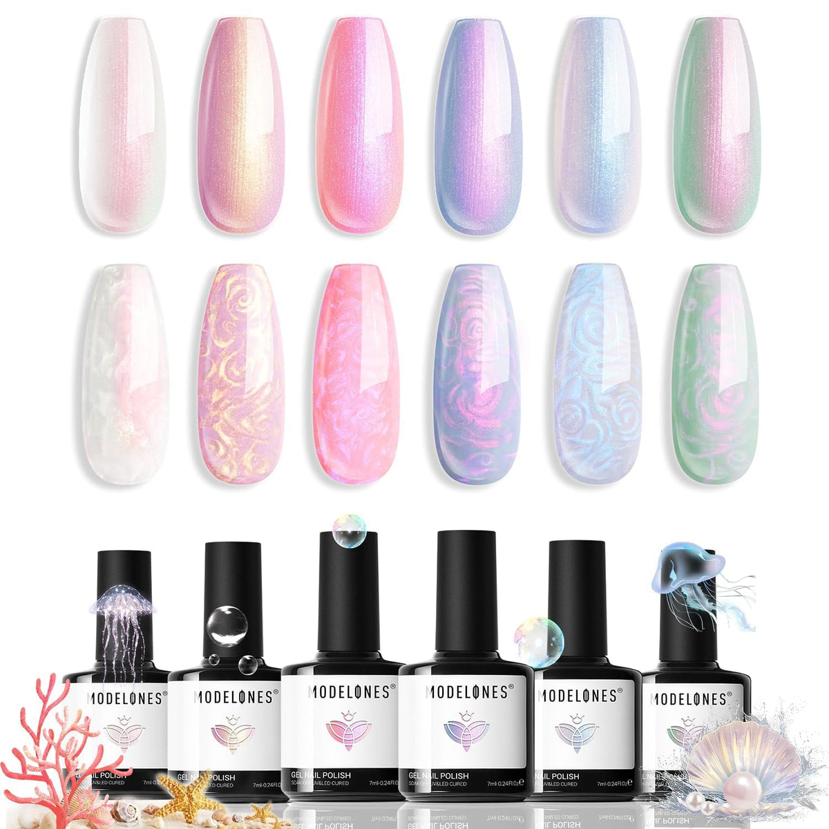 Modelones Pearl Gel Nail Polish Set front view with 6 shimmering shades for at home nail art