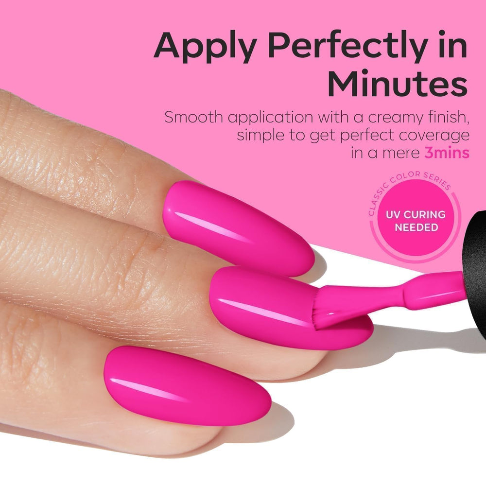 Modelones pink gel polish swatch on nail displays glossy color.
