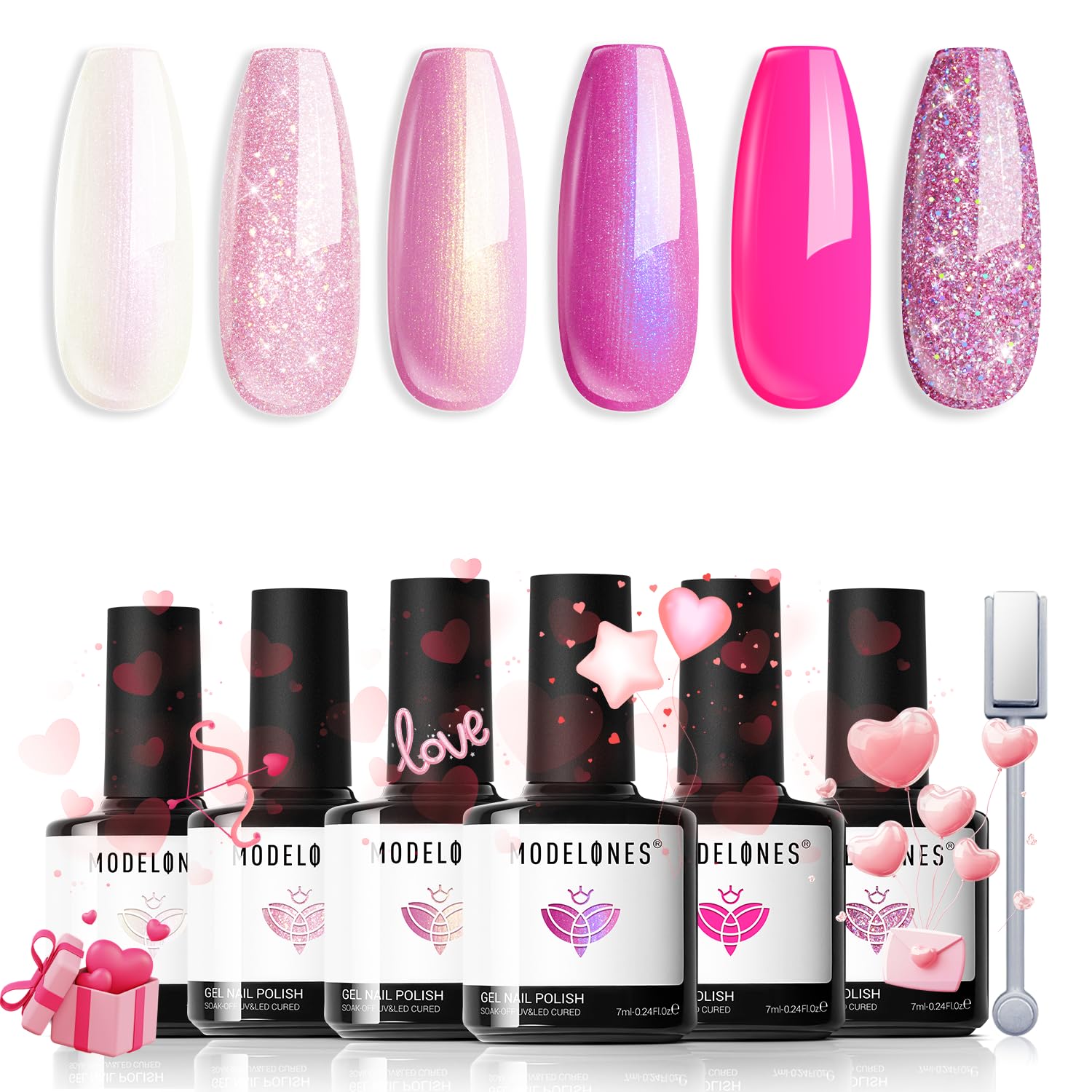 Modelones pink glitter nail polish set bottles showcase six vivid colors for at home manicures.