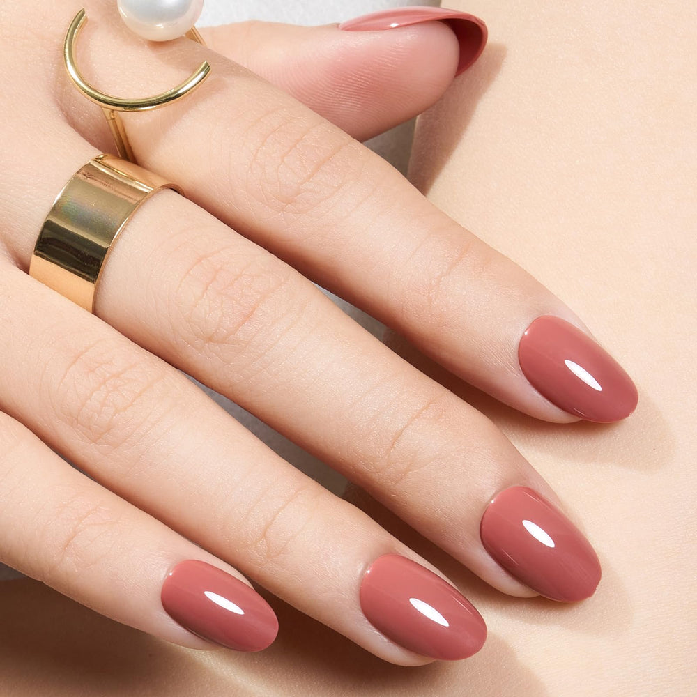 Modelones pink short press-on nails front view for quick, stylish manicures.