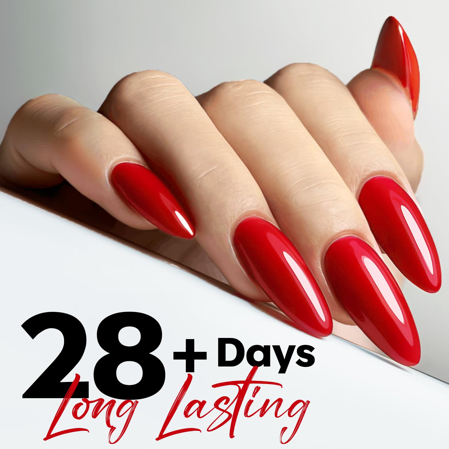 LED cure of Modelones red gel polish in about 60 seconds.