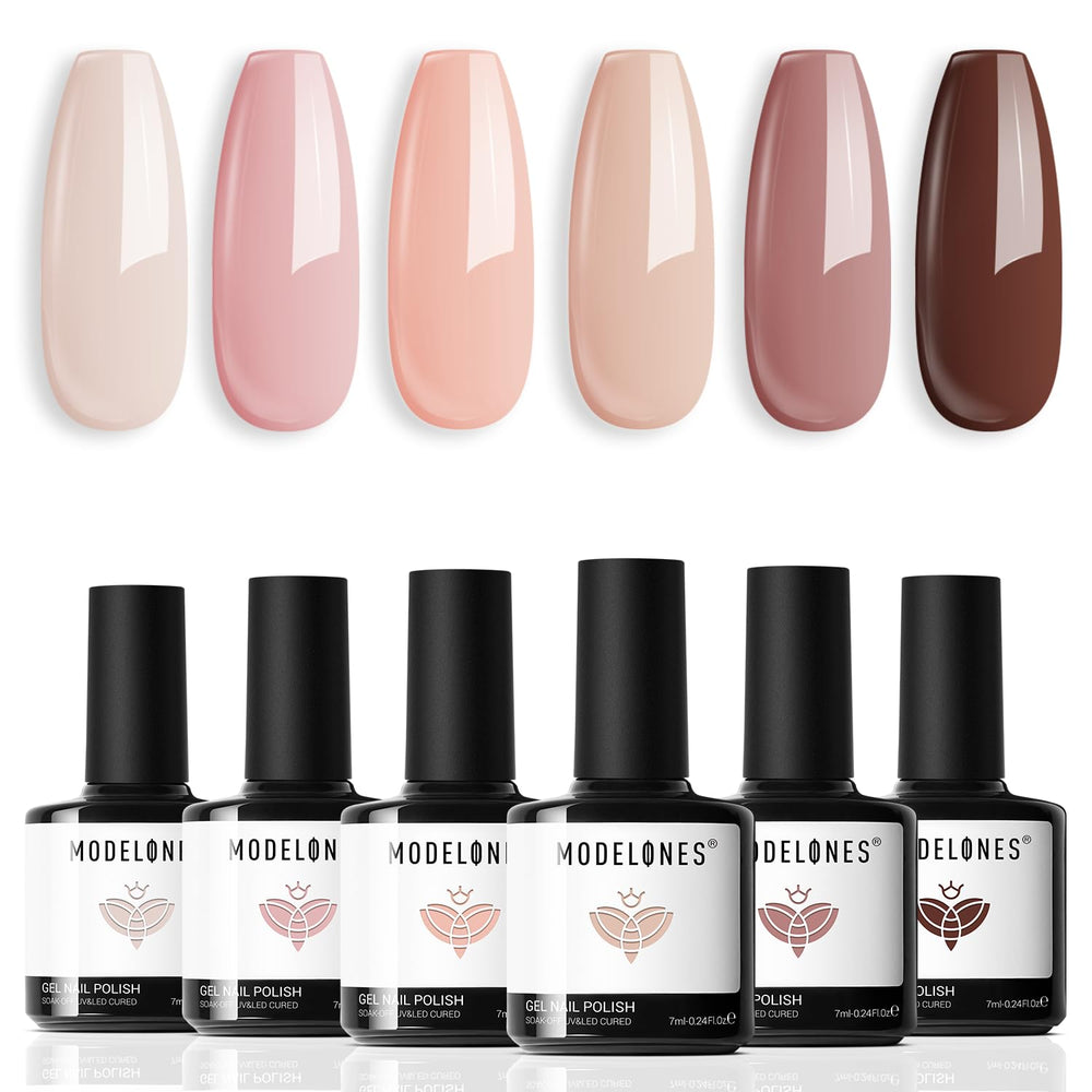 Modelones skin-tones six colors nude pink bottle shows long lasting gloss for at home manicure