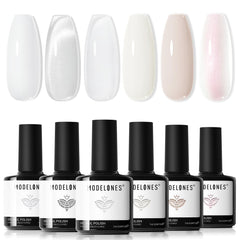 Modelones White Gel Nail Polish six milky shades shown for versatile home manicures.