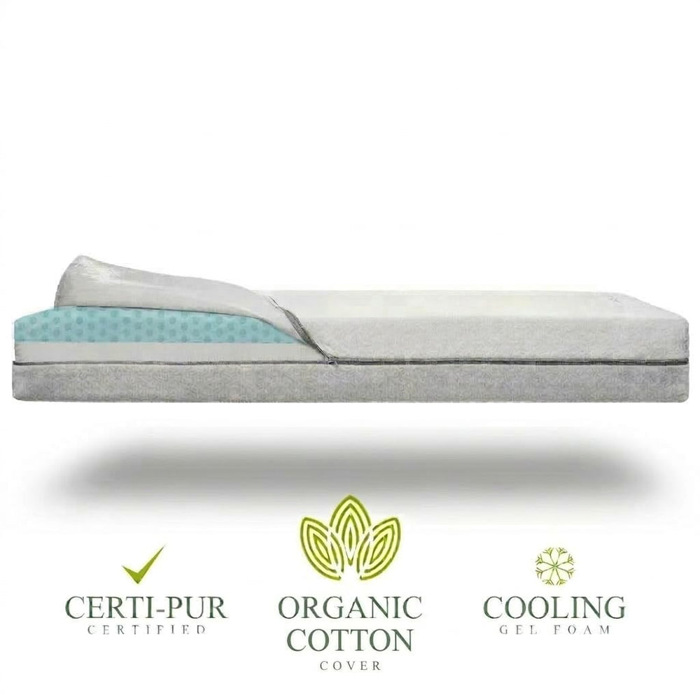 Modera toddler-side memory foam gel—conforms to neck, back, and legs.