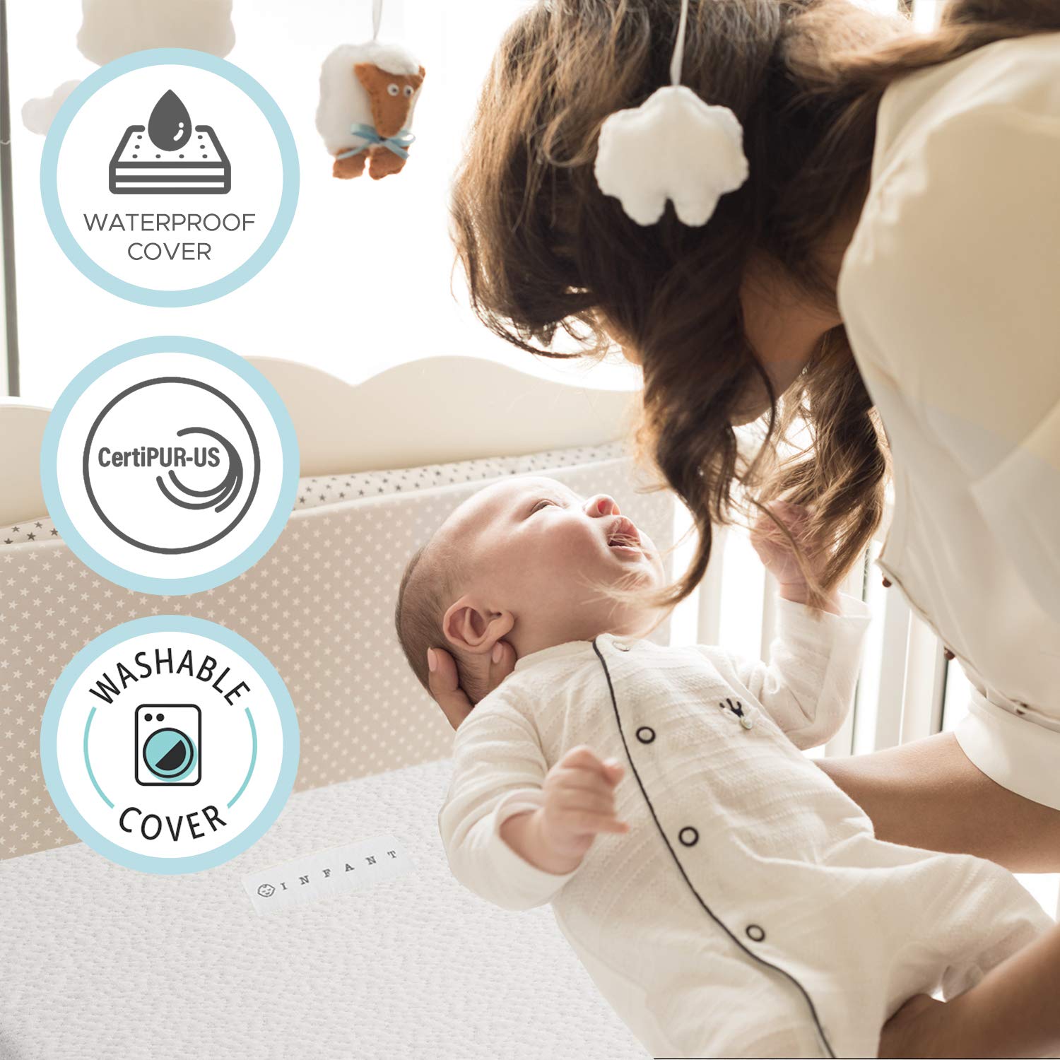Modera standard crib size label—fits standard cribs 52x27.5x5.5.