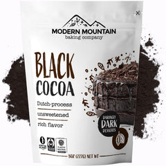Modern Mountain Black Cocoa Powder bottle showcases deep natural color for bold chocolate baking.
