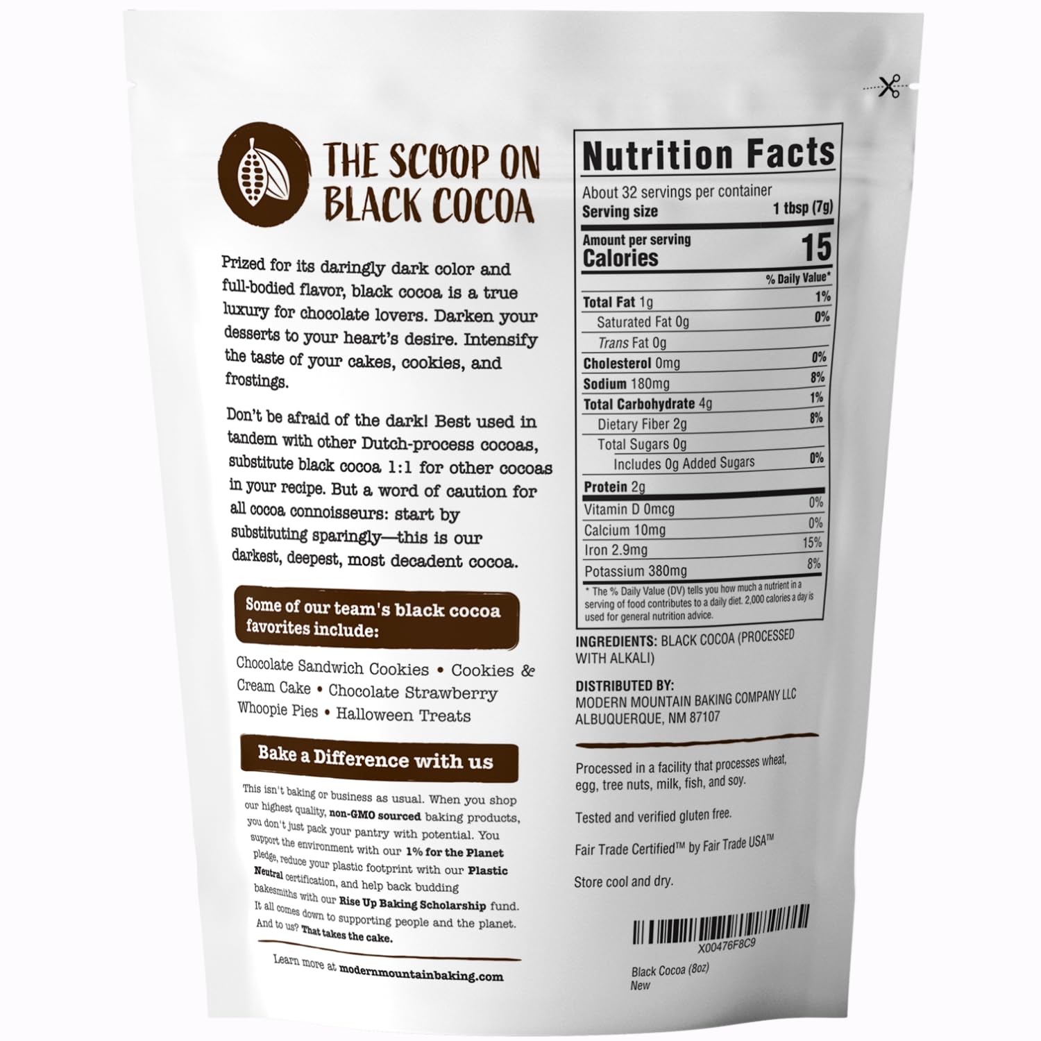 Modern Mountain Black Cocoa Powder Dutch-process jar emphasizes rich flavor without bitterness.