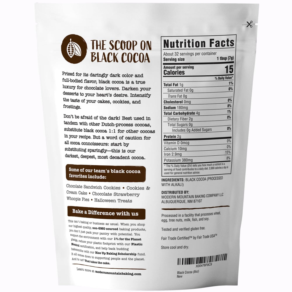 Modern Mountain Black Cocoa Powder Dutch-process jar emphasizes rich flavor without bitterness.